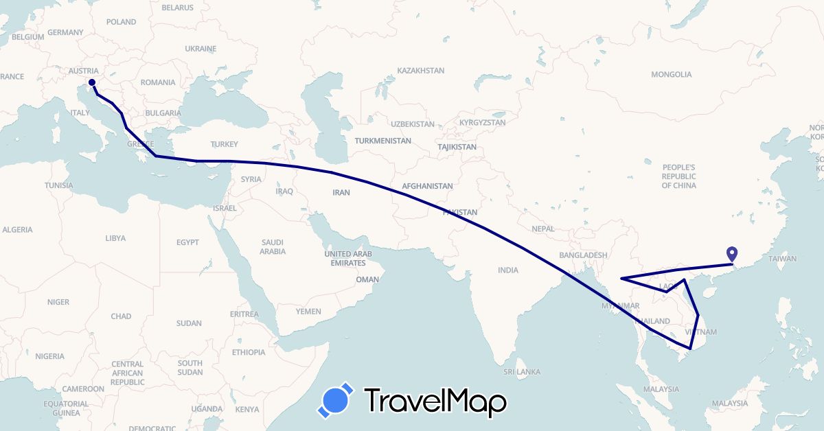 TravelMap itinerary: driving in Albania, Bosnia and Herzegovina, China, Greece, Croatia, Iran, Cambodia, Laos, Montenegro, Myanmar (Burma), Slovenia, Thailand, Turkey, Vietnam (Asia, Europe)